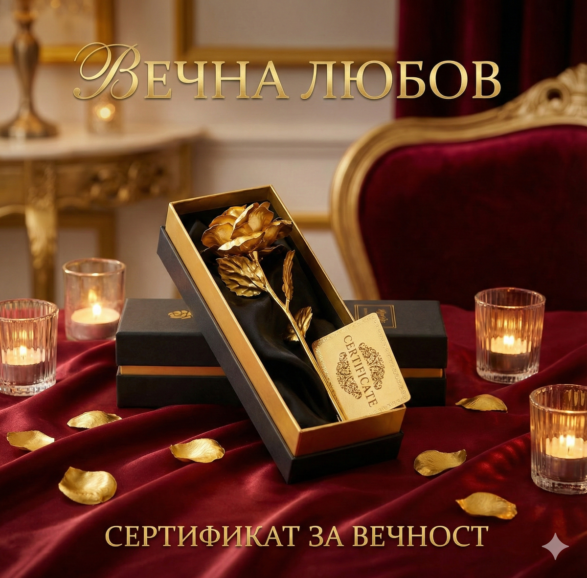 Луксозен подаръчен комплект със златна роза в кутия