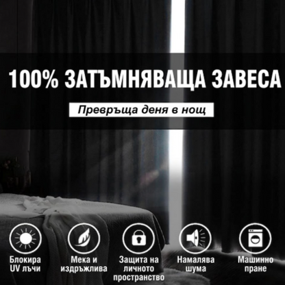 Черни затъмняващи пердета в спалня с тънка ивица светлина между тях и иконки за UV защита, намаляване на шума и машинно пране