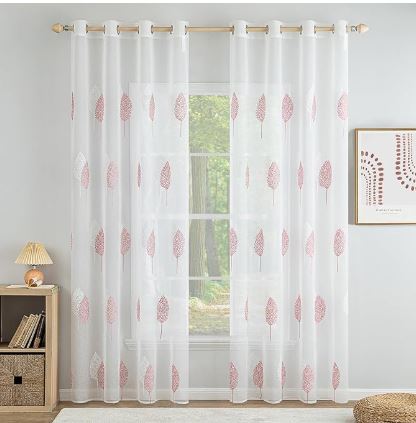 Комплект ефирни завеси MIULEE с бродерия на листа, 2 броя (140x245 см), Бяло и Розово