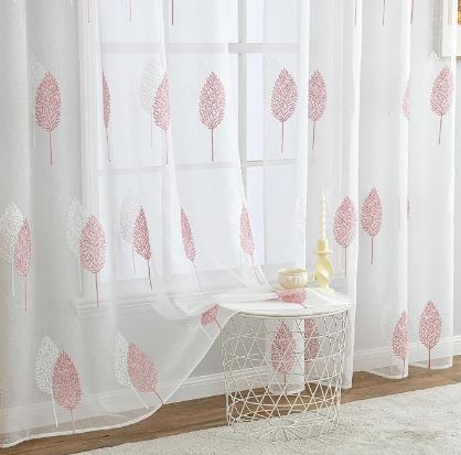 Комплект ефирни завеси MIULEE с бродерия на листа, 2 броя (140x245 см), Бяло и Розово