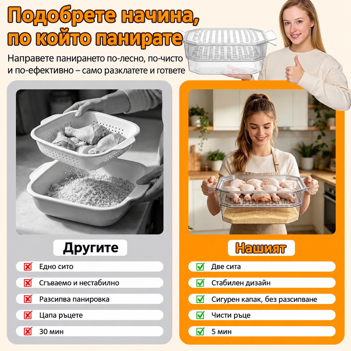 XL купа за паниране с капак и 2 разделителя