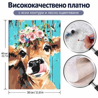 Комплект за рисуване по номера с крава с венец от рози на син фон, отблизо номерирано платно, четка и бои