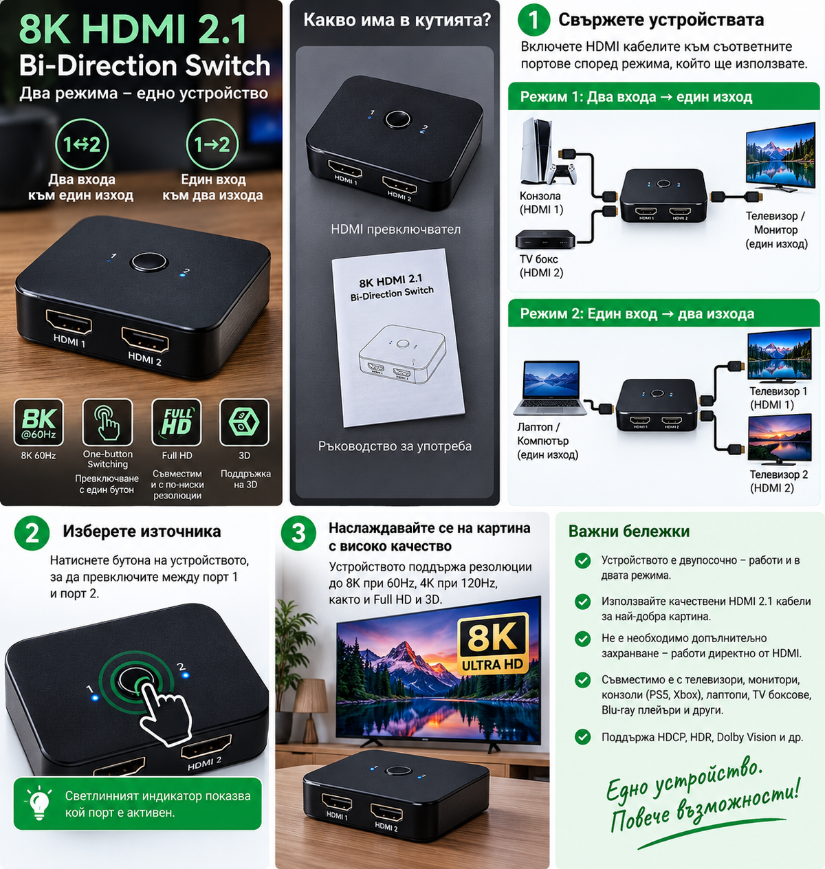 Двупосочен HDMI 2.1 суич 8K 60Hz (2 в 1 / 1 в 2)