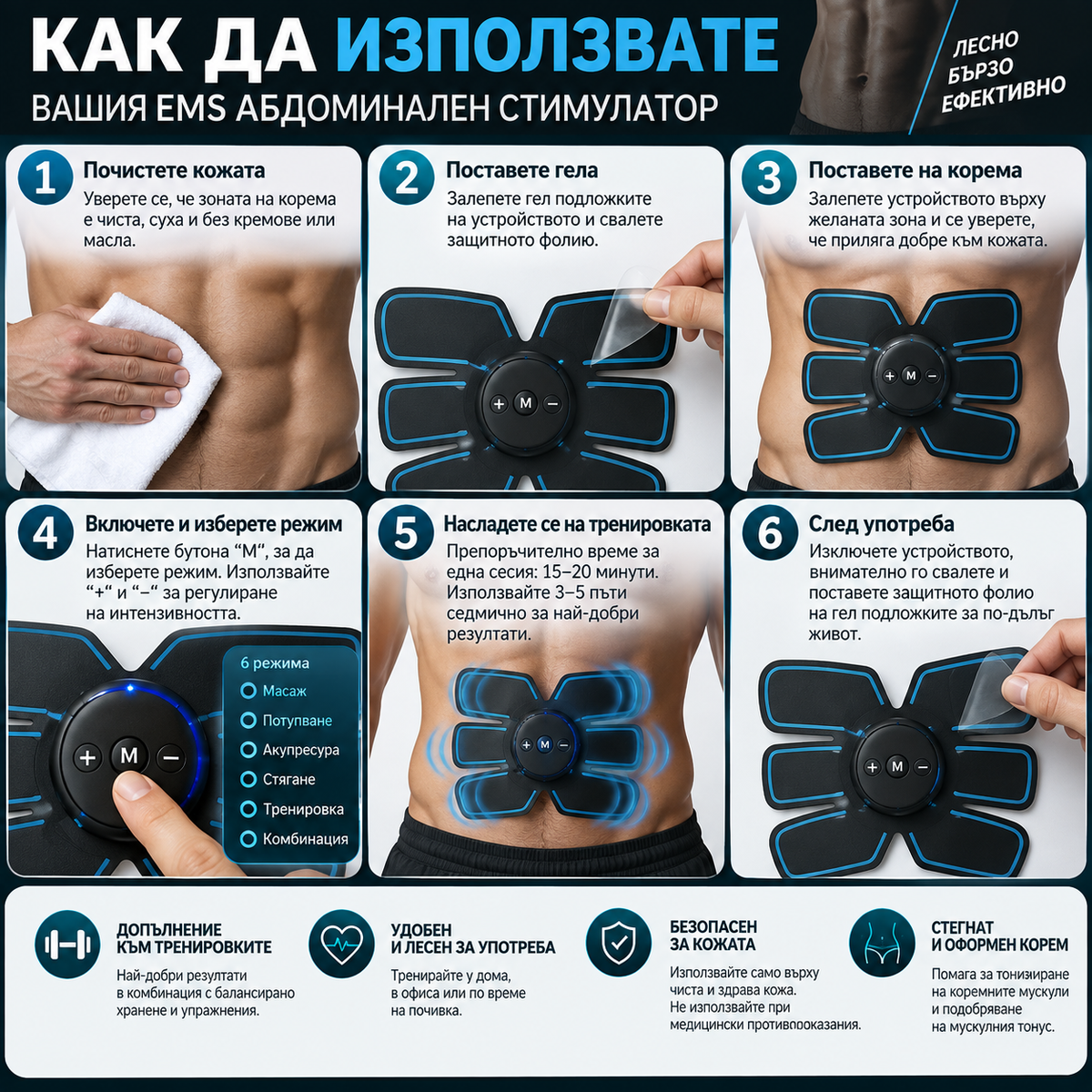 EMS електростимулатор за корем и тяло TICONN Smart Fitness