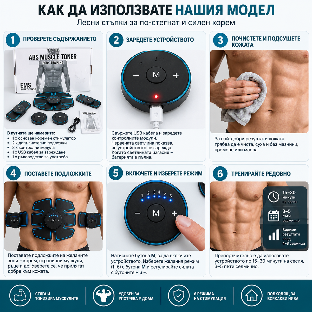 EMS електростимулатор за корем и тяло TICONN Smart Fitness