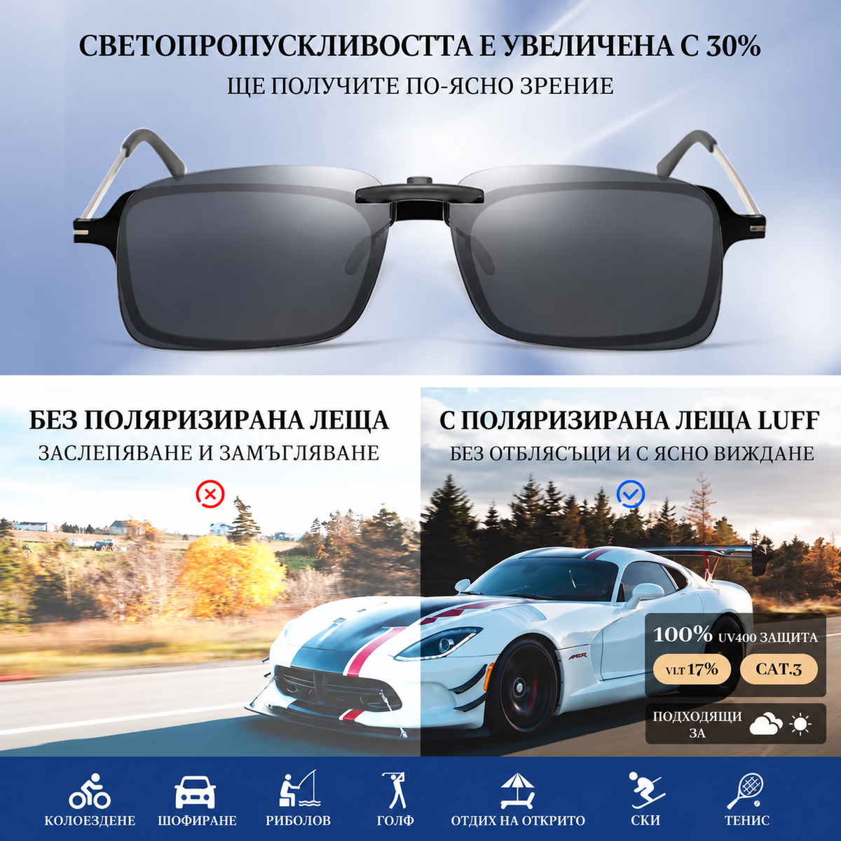Поляризирани слънчеви очила тип "Clip-on" LUFF за диоптрични очила