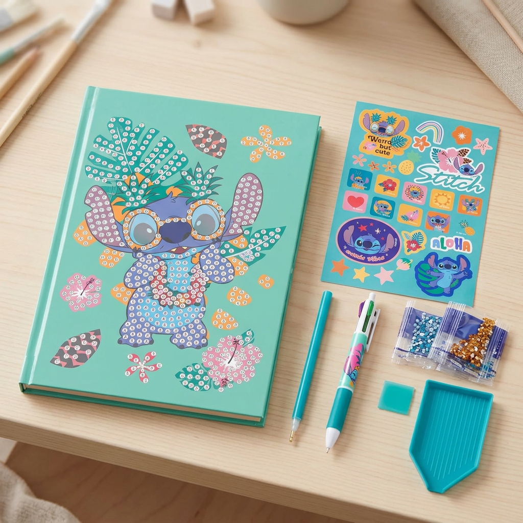 Творчески дневник Disney Stitch с аксесоарите върху светло бюро